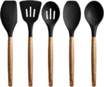 Silicone Kitchen Cooking Utensils Set with Holder | 5-Piece Nonstick Spatula & Spoon Set with Wooden Handles | Heat-Resistant Tools for Cooking & Baking – Black