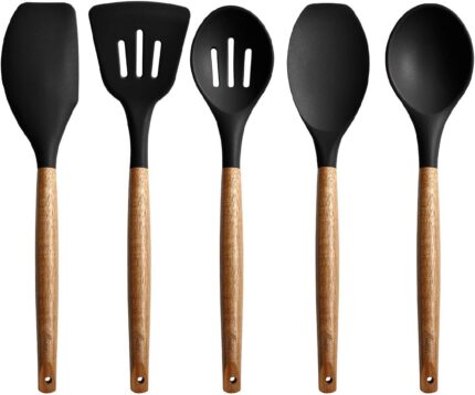 Silicone Kitchen Cooking Utensils Set with Holder | 5-Piece Nonstick Spatula & Spoon Set with Wooden Handles | Heat-Resistant Tools for Cooking & Baking – Black