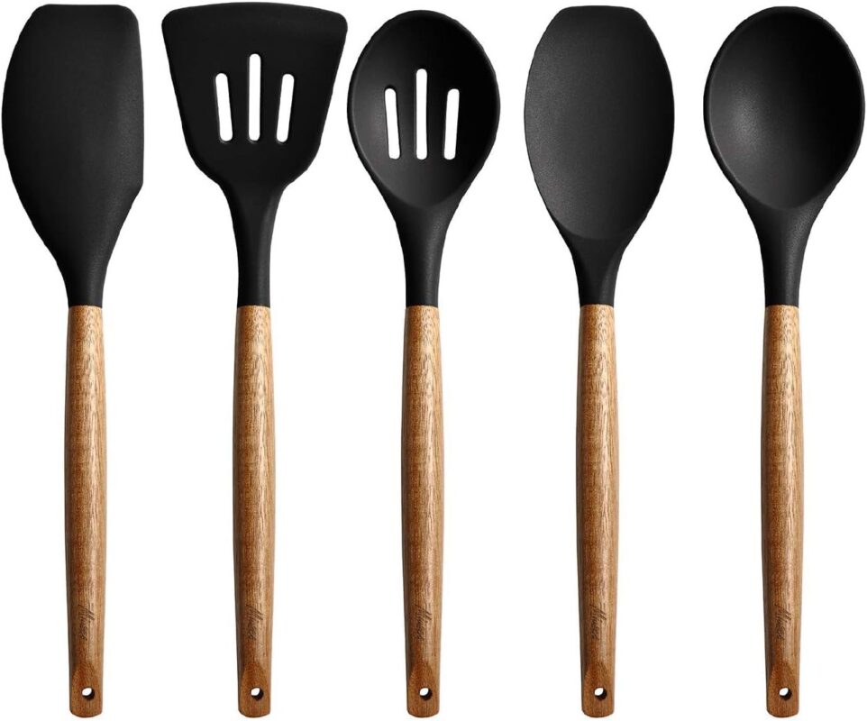 Silicone Kitchen Cooking Utensils Set with Holder | 5-Piece Nonstick Spatula & Spoon Set with Wooden Handles | Heat-Resistant Tools for Cooking & Baking – Black